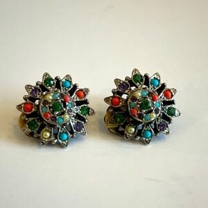 Vintage RJ Graziano Signed Amber Turquoise Coral Amethyst Clip Earrings
